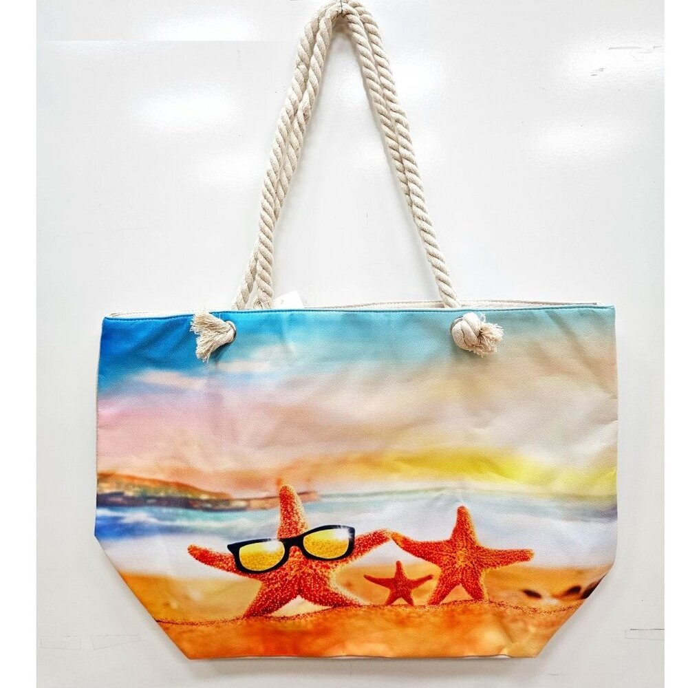 Beach Bag, Stars Print, Nautical Rope Handles, Large